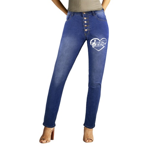 I love music, violin clef, notes, heart in white. Women's Jeans (Front&Back Printing)