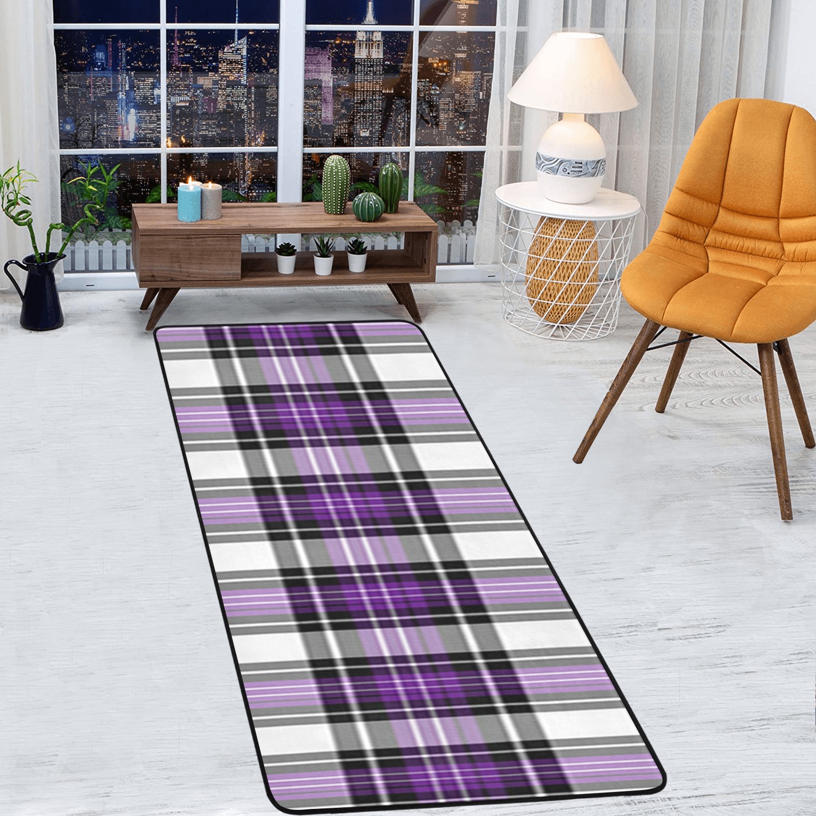 Purple Black Plaid Area Rug with Black Binding  7'x3'3''