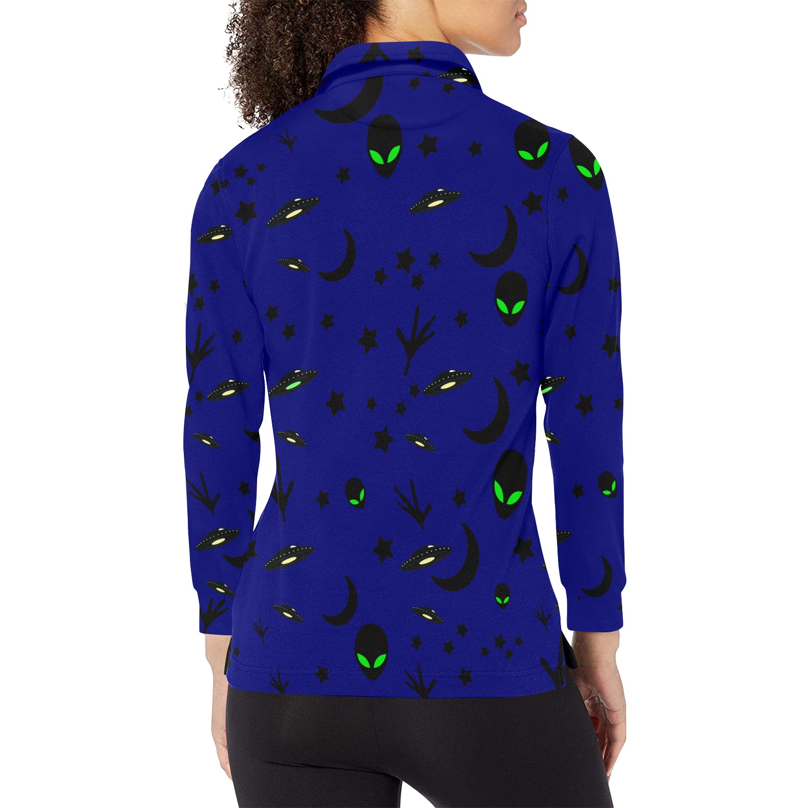 Aliens and Spaceships on Blue Women's Long Sleeve Polo Shirt (Model T73)