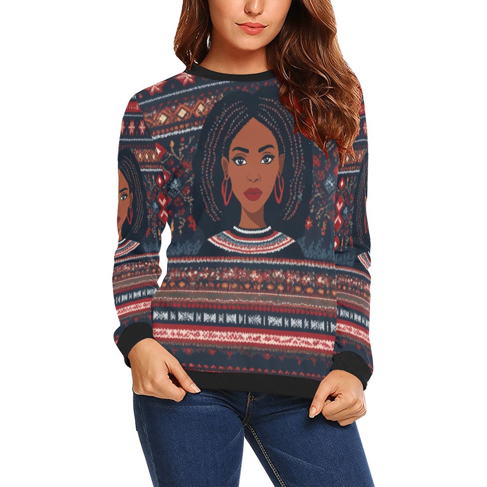 Pretty African American woman and winter pattern. All Over Print Crewneck Sweatshirt for Women (Model H18)