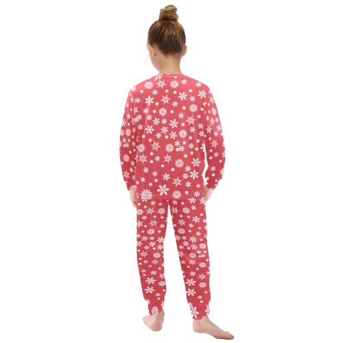 Christmas  White Snowflakes on Red Little Girls' Crew Neck Long Pajama Set