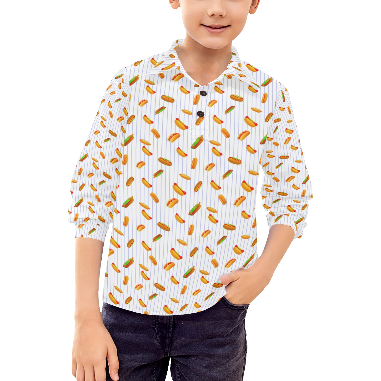 Hot Dog Pattern on Black Big Boys' All Over Print Long Sleeve Polo Shirt (Model T73)
