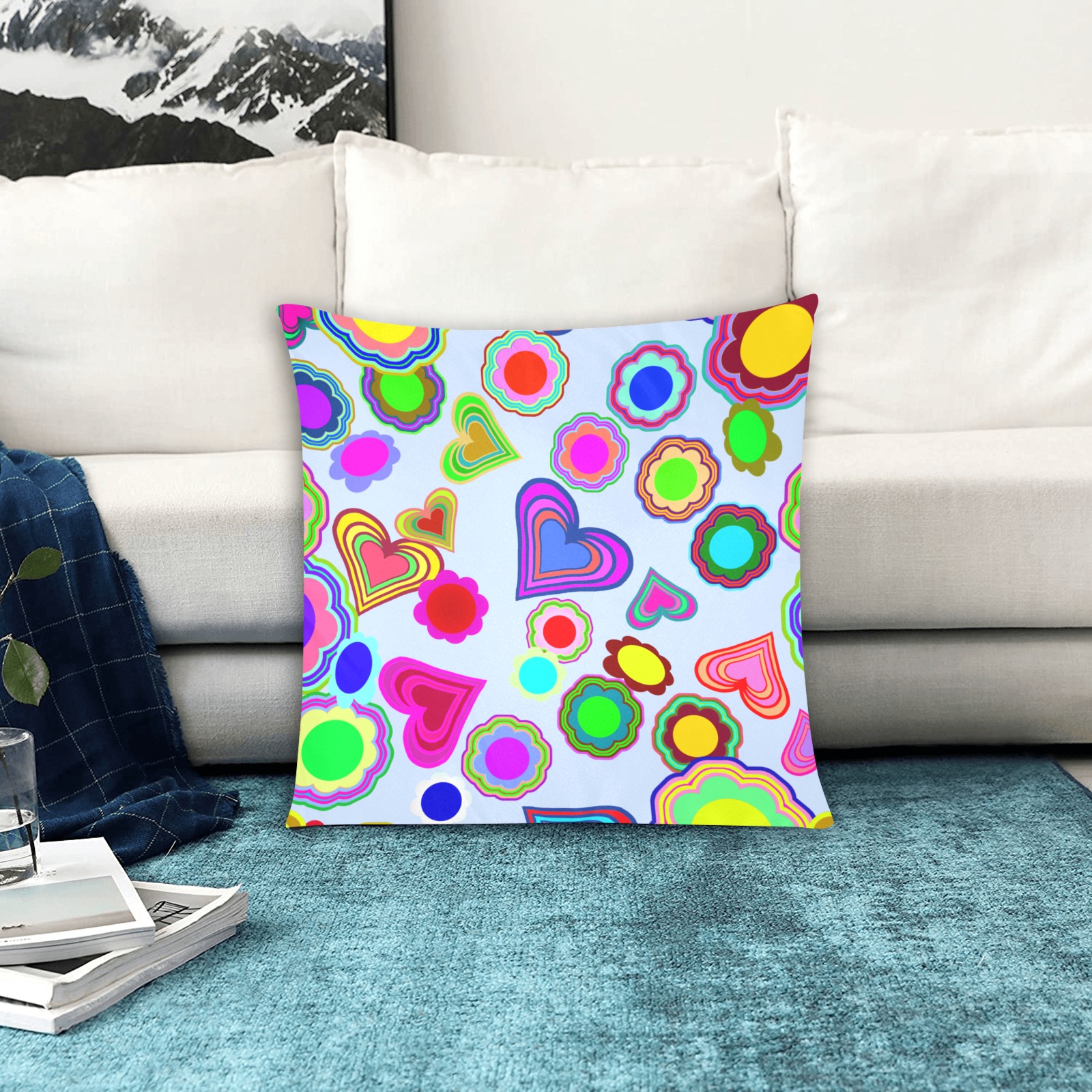 Groovy Hearts and Flowers Blue Custom Zippered Pillow Cases 20"x20" (Two Sides)