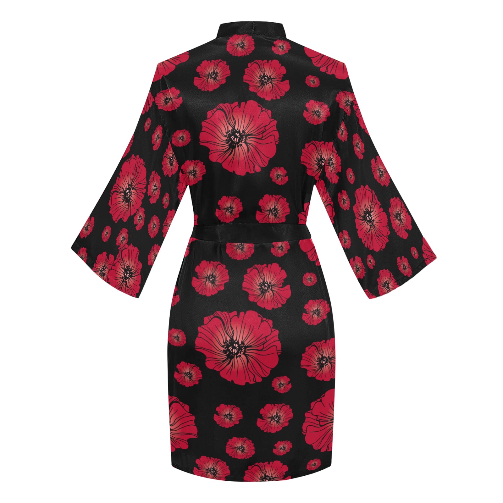 Ô Scarlet Poppies Scatter on Black Long Sleeve Kimono Robe