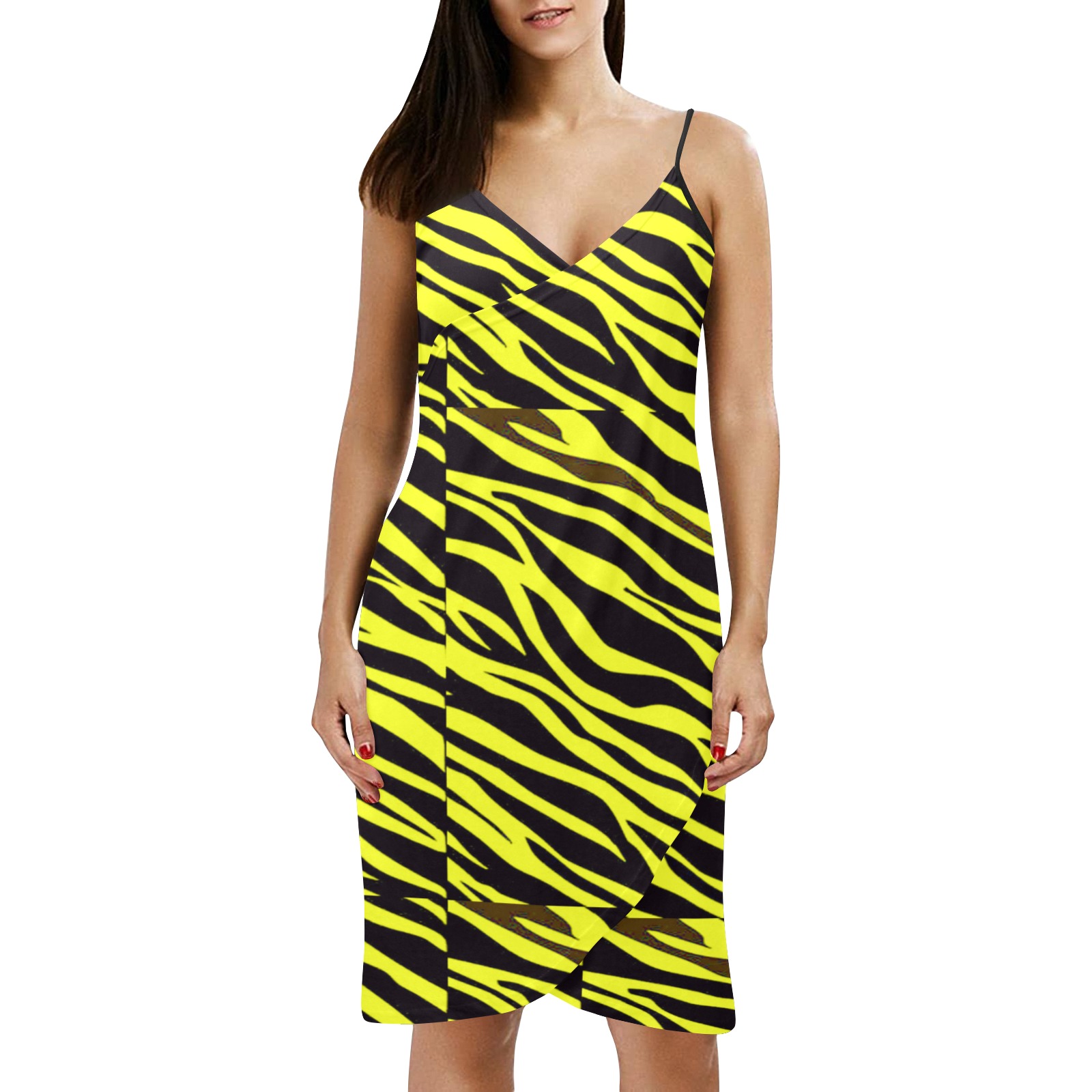 Neon Yellow Zebra Stripes Spaghetti Strap Backless Beach Cover Up Dress (Model D65)