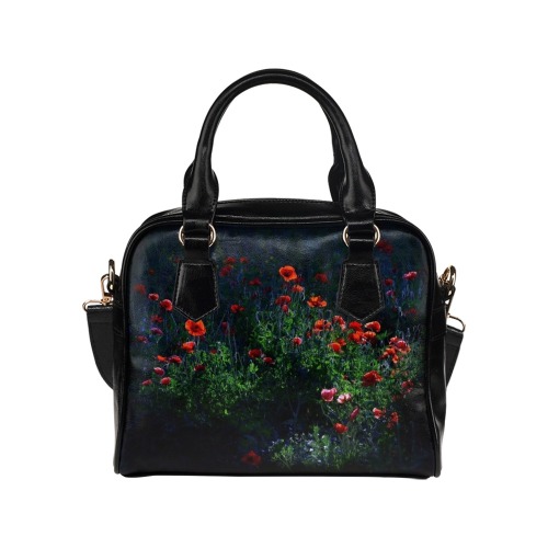 Poppy Wildflower Handbag, Dark Floral Leather Purse, Wild Flower Shoulder Handbag (Model 1634)