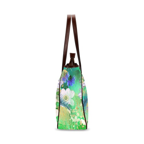 White Orchid Blue Ferns Strip Tote Classic Tote Bag (Model 1644)