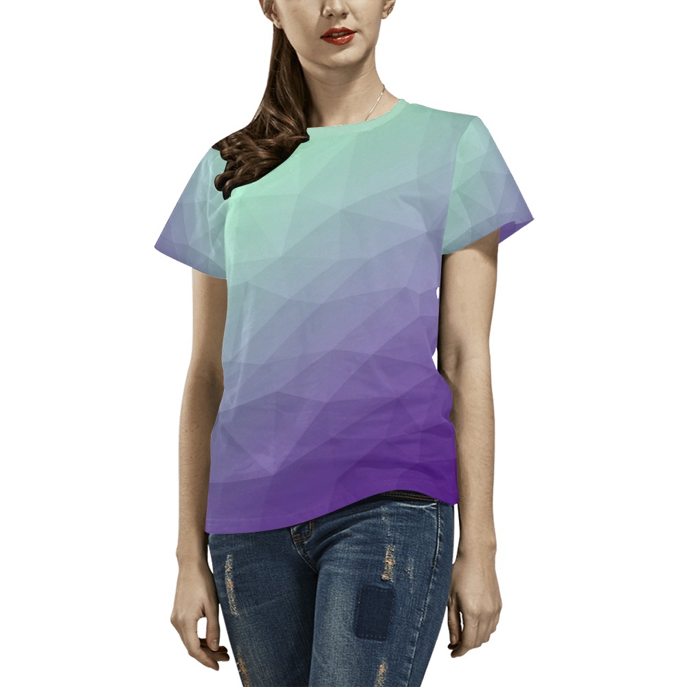 Purple green ombre gradient geometric mesh pattern All Over Print T-Shirt for Women (USA Size) (Model T40)