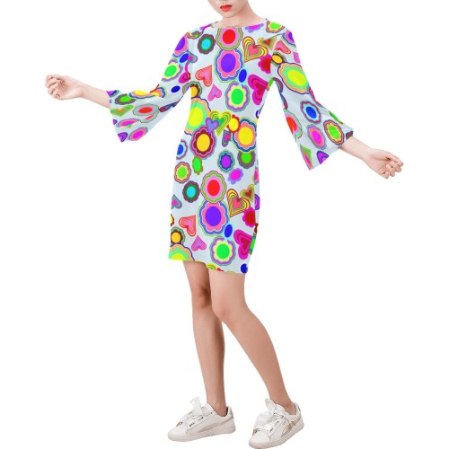 Groovy Hearts and Flowers Blue Bell Sleeve Dress (Model D52)