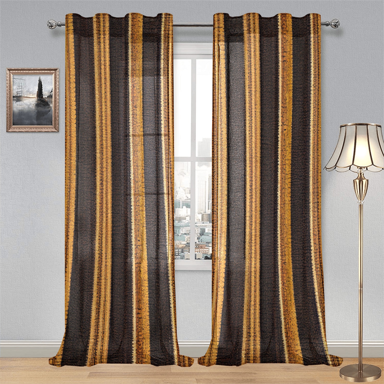 gold and brown striped pattern Gauze Curtain 28"x95" (Two-Piece)