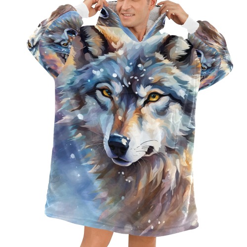 Cute gray wolf animal winter forest snow cool art Blanket Hoodie for Men