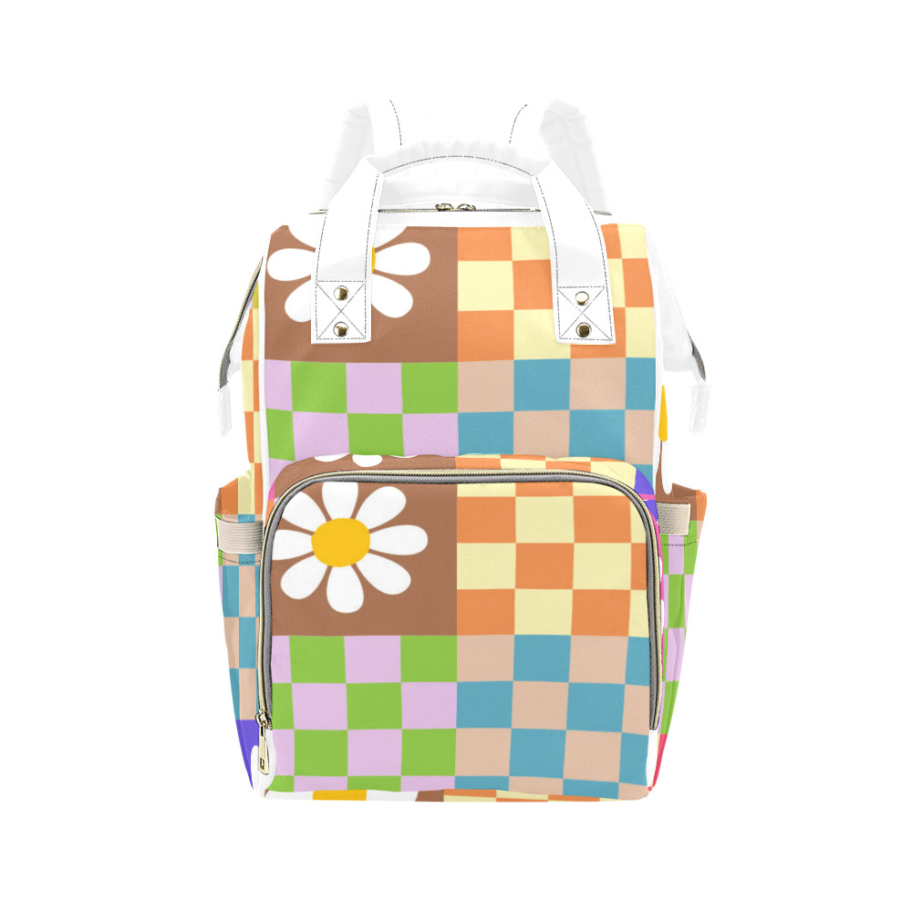 Mid Century Geometric Checkered Retro Floral Daisy Flower Pattern Multi-Function Diaper Backpack/Diaper Bag (Model 1688)