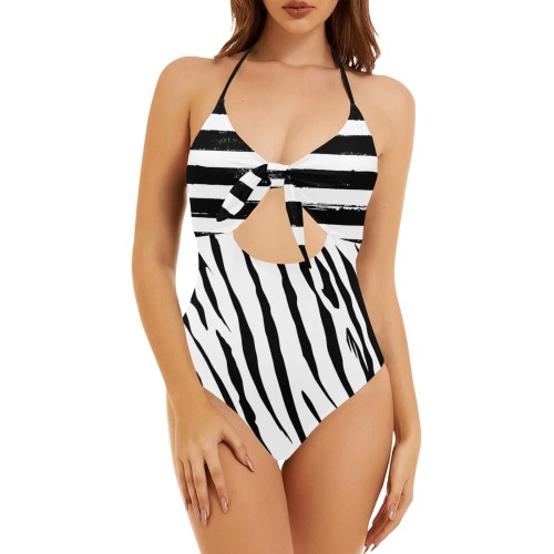 Stripes Woman's Swimwear Black Backless Hollow Out Bow Tie Swimsuit (Model S17)
