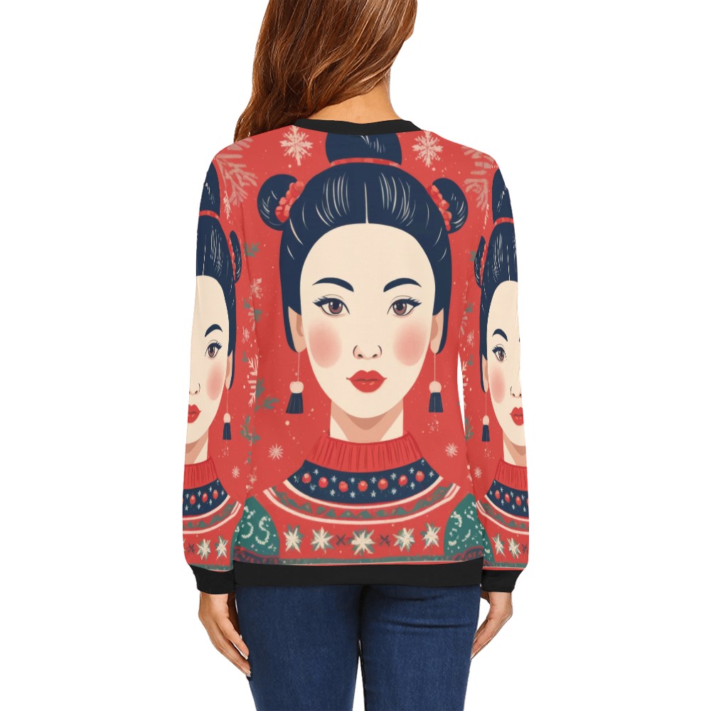 Classy Chinese woman, red background, snowflakes. All Over Print Crewneck Sweatshirt for Women (Model H18)