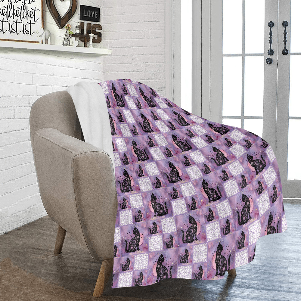 Purple Cosmic Cats Patchwork Pattern Ultra-Soft Micro Fleece Blanket 50"x60"