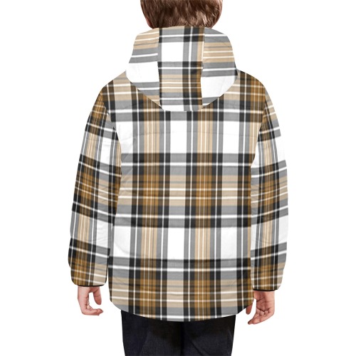 Brown Black Plaid Kids' Padded Hooded Jacket (Model H45)