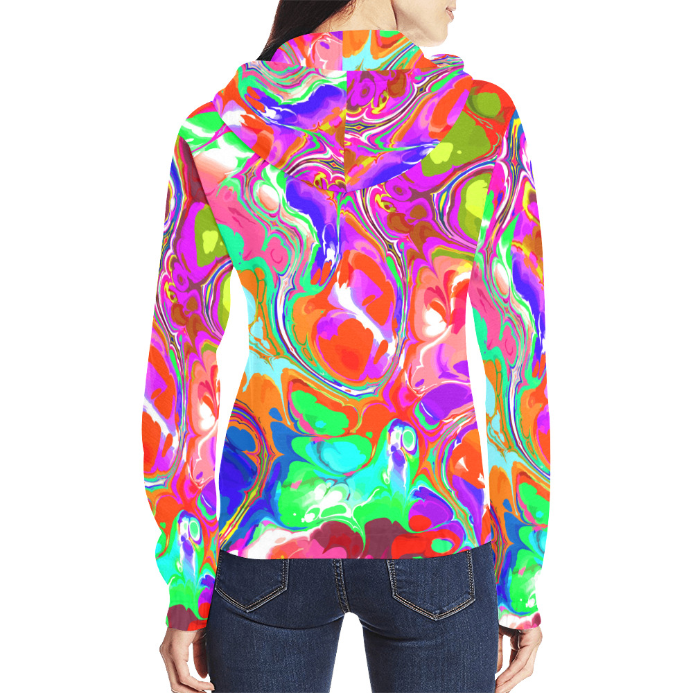 Psychedelic Abstract Marble Artistic Dynamic Paint Art All Over Print Full Zip Hoodie for Women (Model H14)