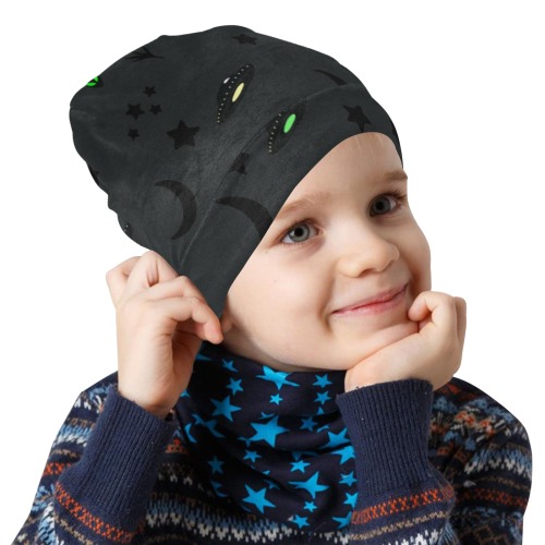 Aliens and Spaceships - Charcoal All Over Print Beanie for Kids