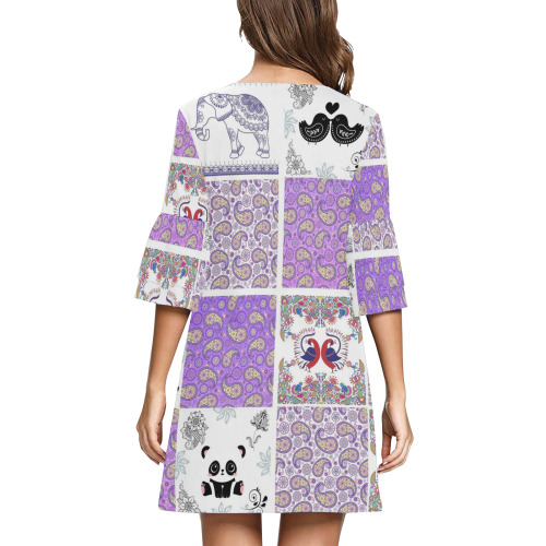 Purple Paisley Birds and Animals Patchwork Design Half Sleeves V-Neck Mini Dress (Model D63)