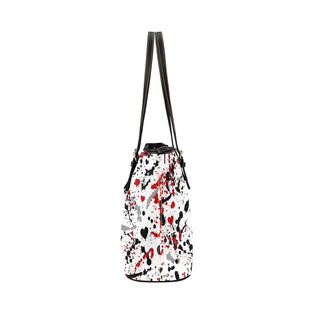 Heart Paint Splatter Fashionable Double Sided Black PU Leather Tote Handbag! Leather Tote Bag/Small (Model 1651)