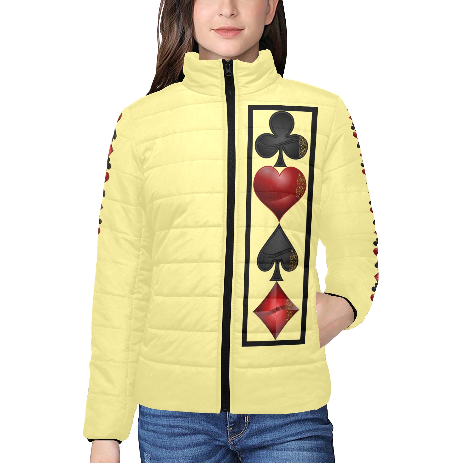 Black and Red Playing Card Shapes / Yellow Women's Stand Collar Padded Jacket (Model H41)