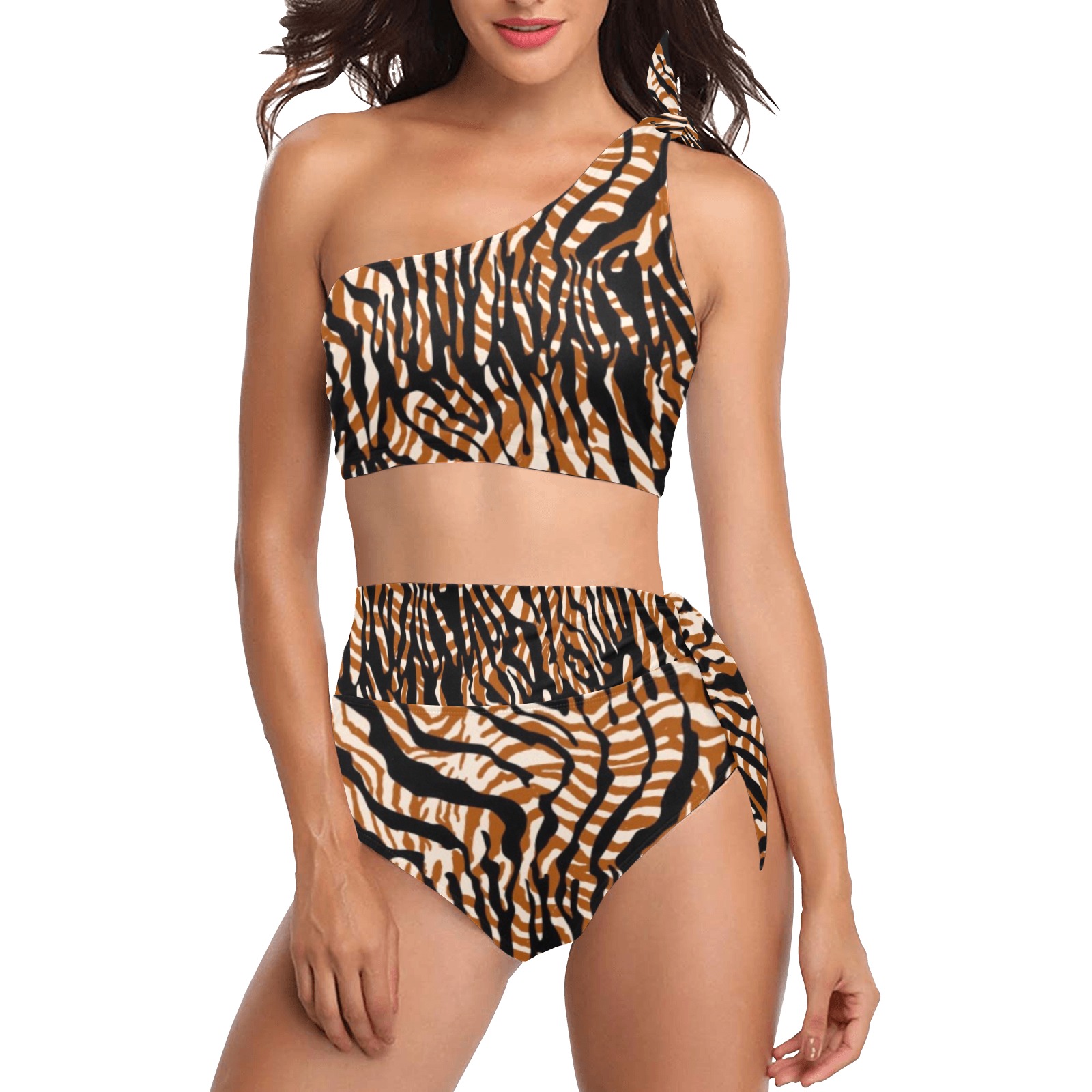 Psychedelic Wavy Linear Stripes-72G High Waisted One Shoulder Bikini Set (Model S16)