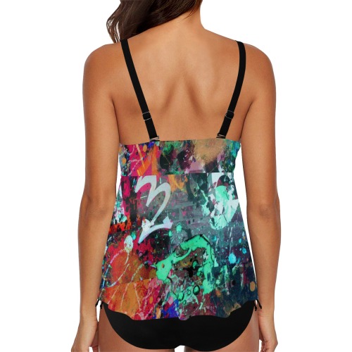 Graffiti and Paint Splatter - Black Chest Drawstring Swim Dress (Model S30)