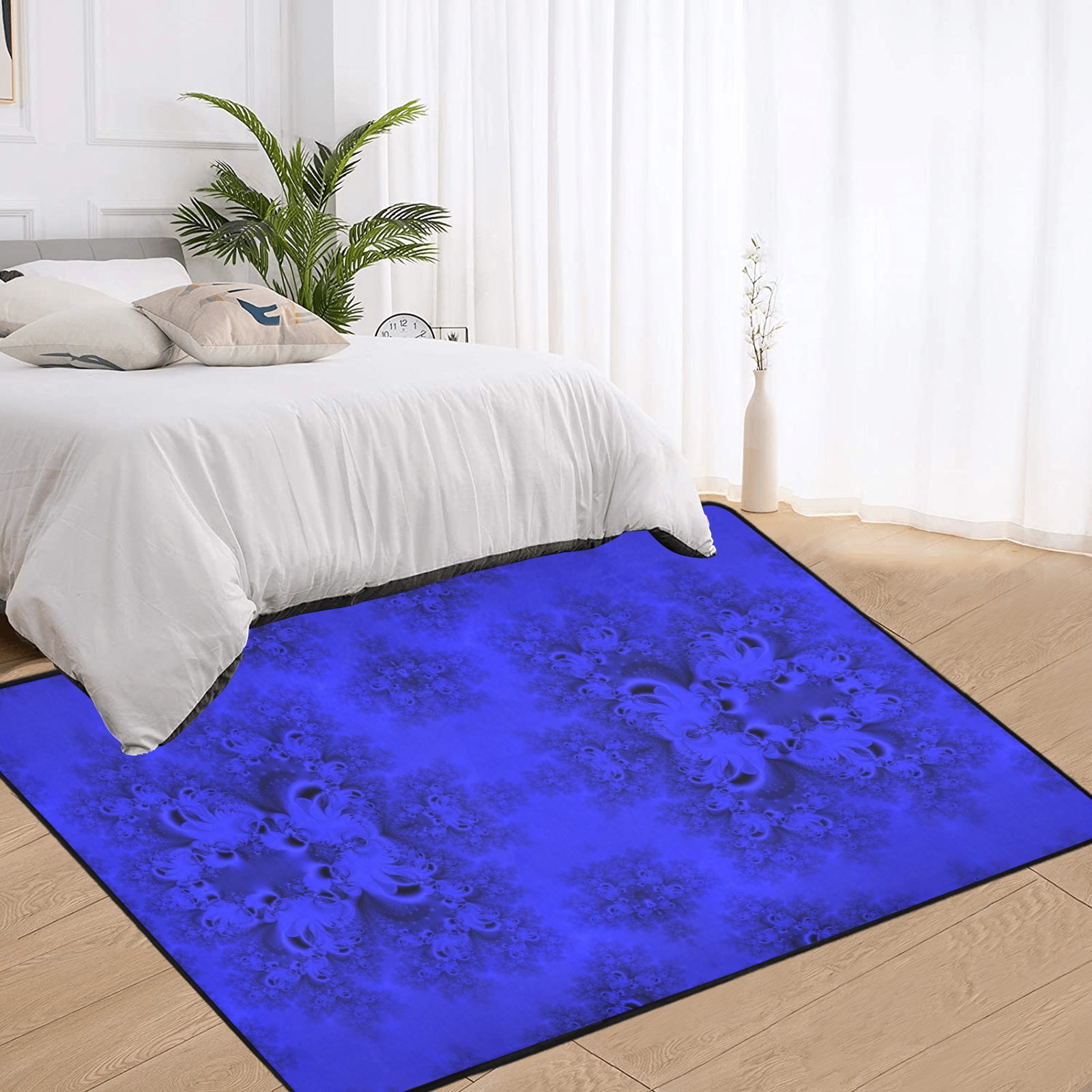 Midnight Blue Gardens Frost Fractal Area Rug with Black Binding 7'x5'