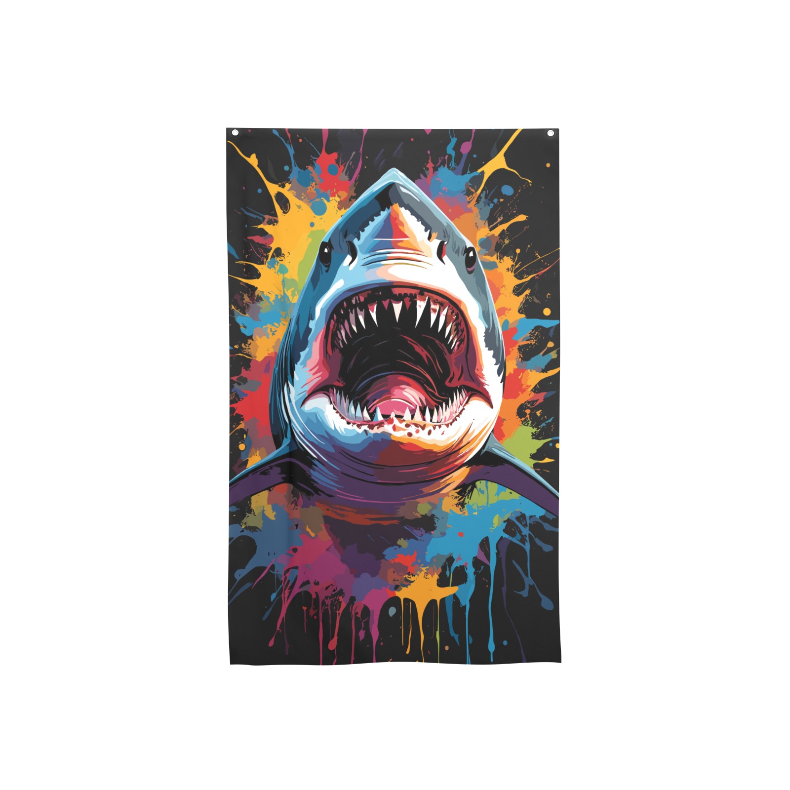 Shark attacks. Chic colorful fantasy art on dark House Flag 34.5"x56"