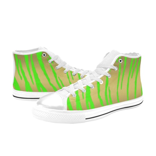 Gold Tiger Stripes Green High Top Canvas Shoes for Kid (Model 017)