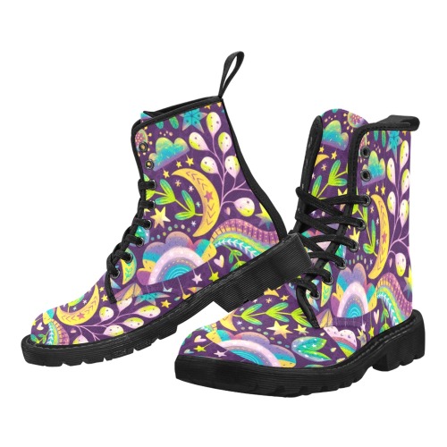 Purple Floral Night Martin Boots for Women (Black) (Model 1203H)