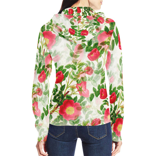 Vintage Red Floral Blossom All Over Print Full Zip Hoodie for Women (Model H14)