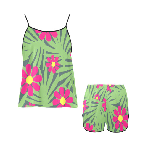 Pink Exotic Paradise Jungle Flowers and Leaves Women's Spaghetti Strap Short Pajama Set
