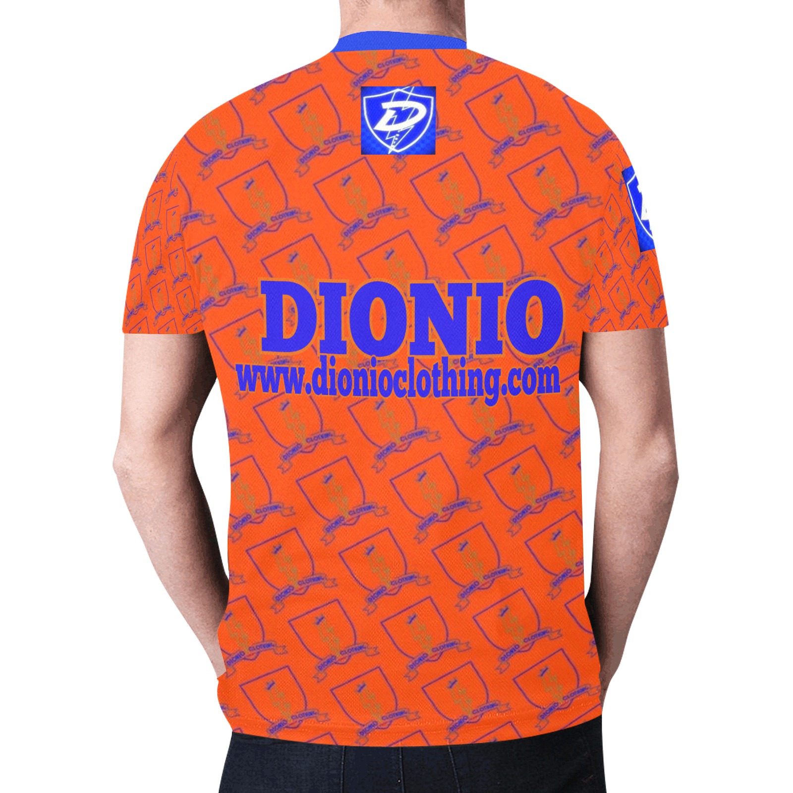 DIONIO Clothing - Orange & Blue T- Shirt (Orange & Blue Repeat Lightning Shield Logo) New All Over Print T-shirt for Men (Model T45)