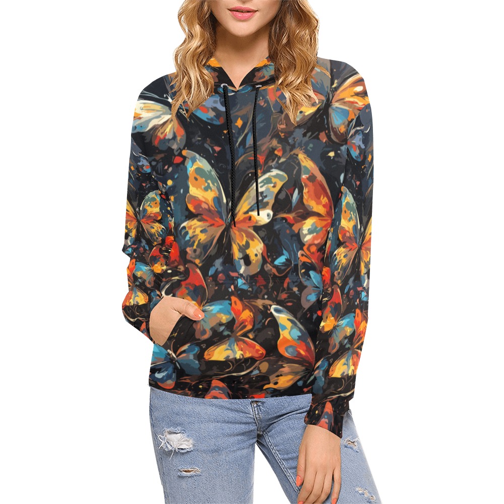 Butterflies in flight abstract art on dark. All Over Print Hoodie for Women (USA Size) (Model H13)