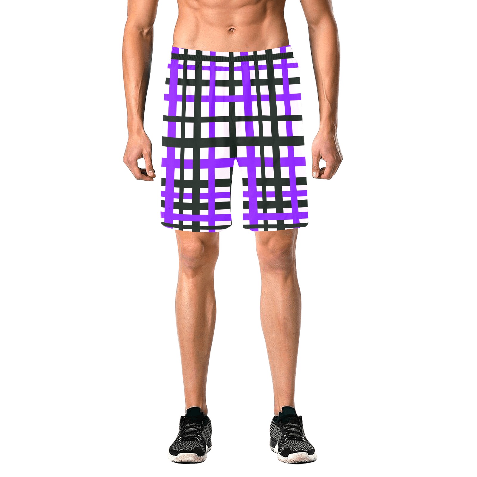 Interlocking Stripes Black White Purple Men's All Over Print Elastic Beach Shorts (Model L20)