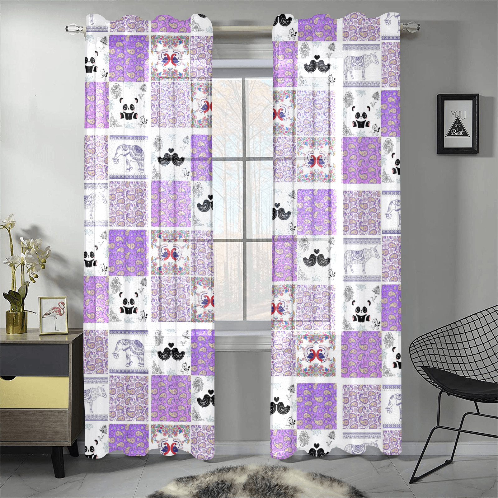 Purple Paisley Birds and Animals Patchwork Design Gauze Curtain 28"x84" (Two-Piece)