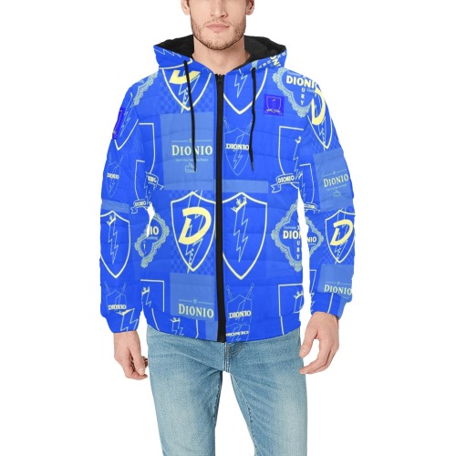 DIONIO Clothing - Collage Padded Hooded Jacket (Blue & White Men's Padded Hooded Jacket (Model H42)