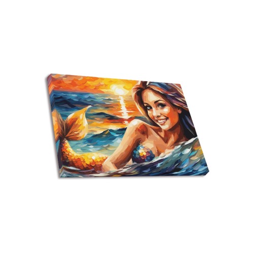 Funny smiling mermaid at sunset. Fantasy art. Upgraded Canvas Print 18"x12"