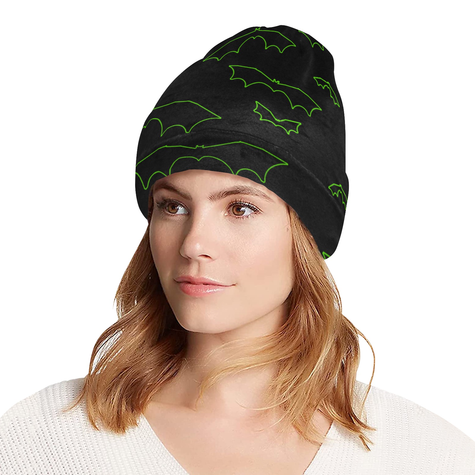 Neon Green Bats All Over Print Beanie for Adults