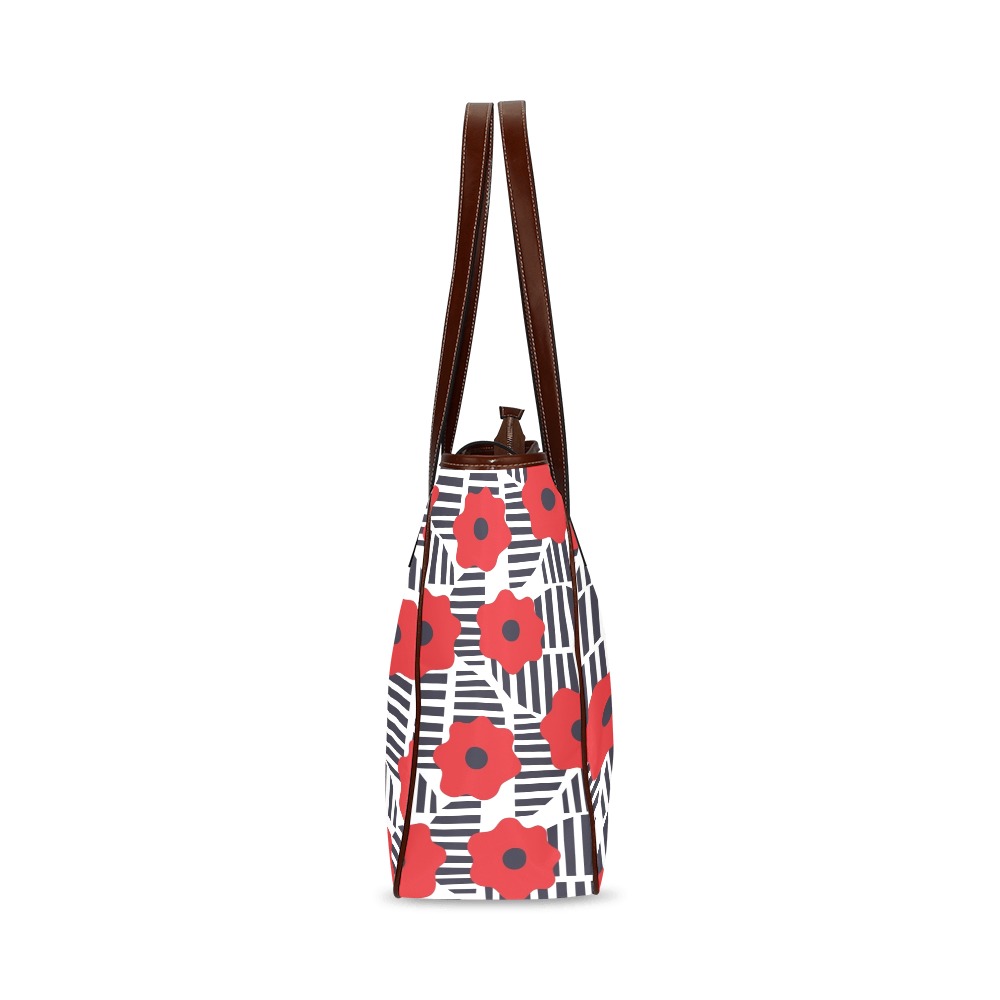 Red Floral on Black Abstract Lines Classic Tote Bag (Model 1644)