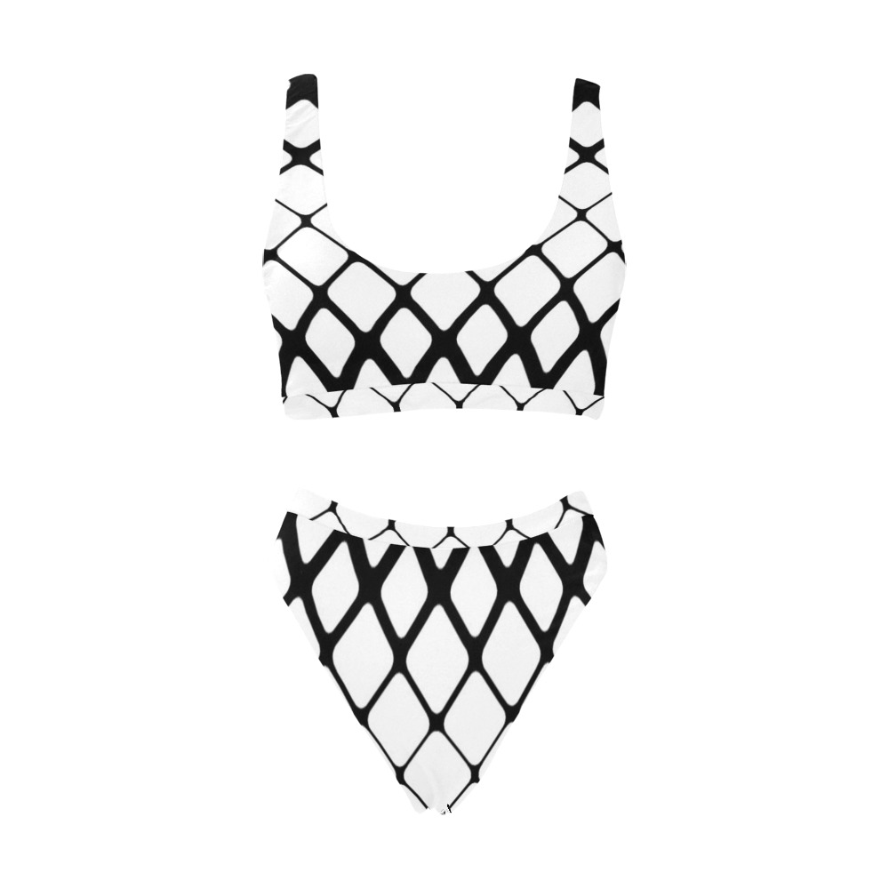 BLACK AND WHITE PATTERN Sport Top & High-Waisted Bikini Swimsuit (Model S07)