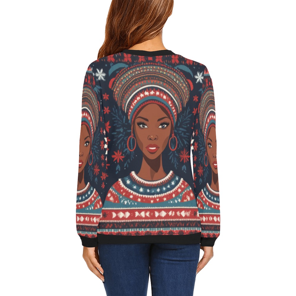 Pretty African American woman and stylish pattern. All Over Print Crewneck Sweatshirt for Women (Model H18)