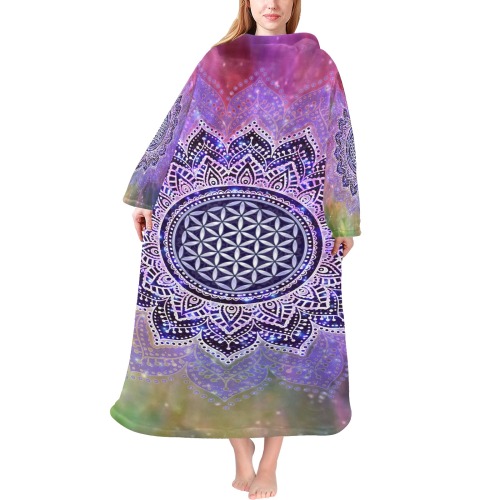 Flower Of Life Lotus Of India Galaxy Colored Blanket Robe with Sleeves for Adults