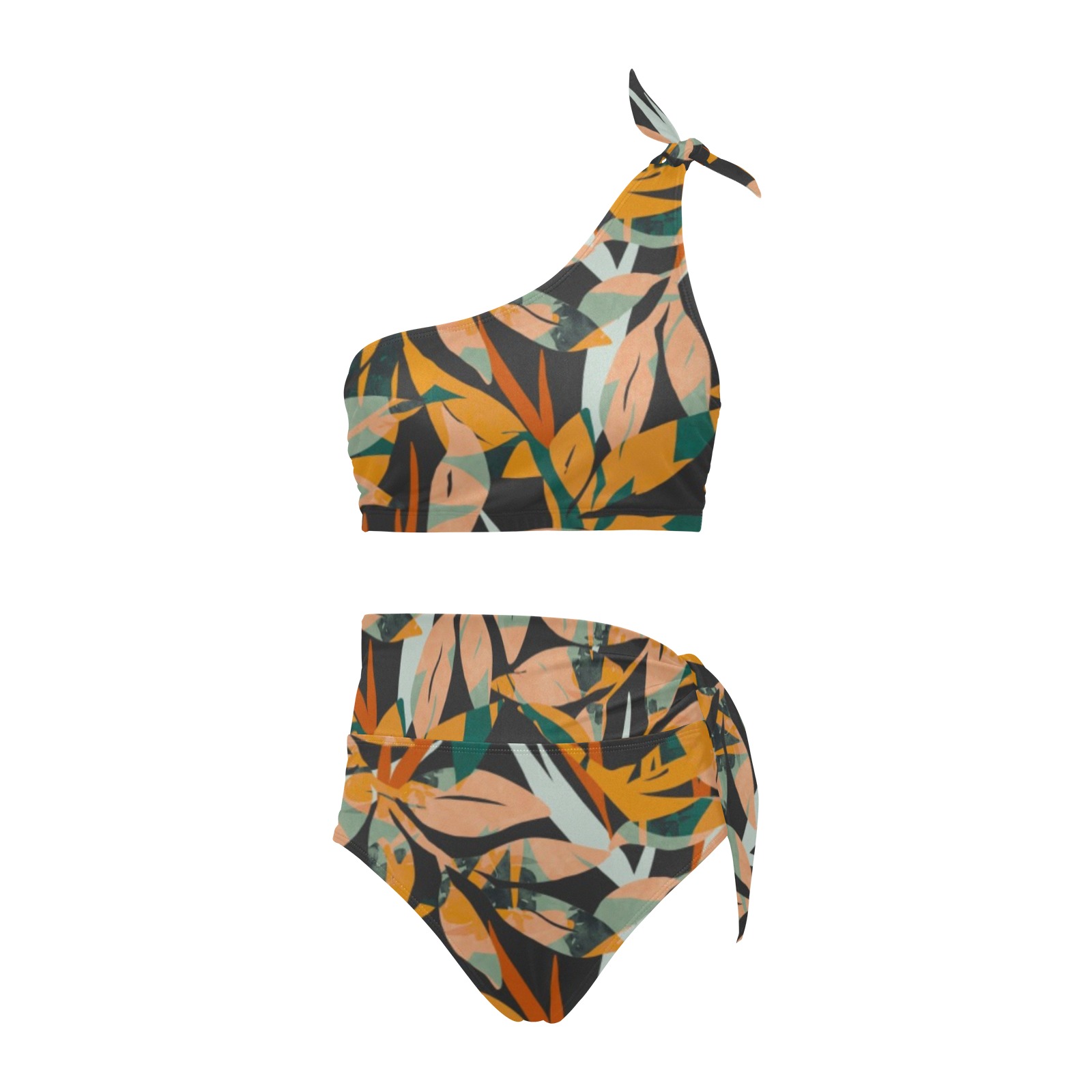 Abstract modern leaves nature-057 High Waisted One Shoulder Bikini Set (Model S16)