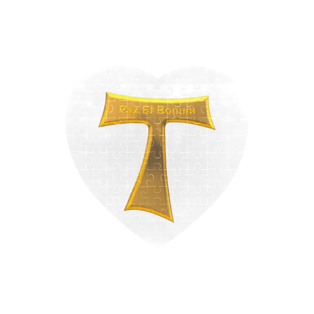 Franciscan Tau Cross Pax Et Bonum Gold  Metallic Heart-Shaped Jigsaw Puzzle (Set of 75 Pieces)