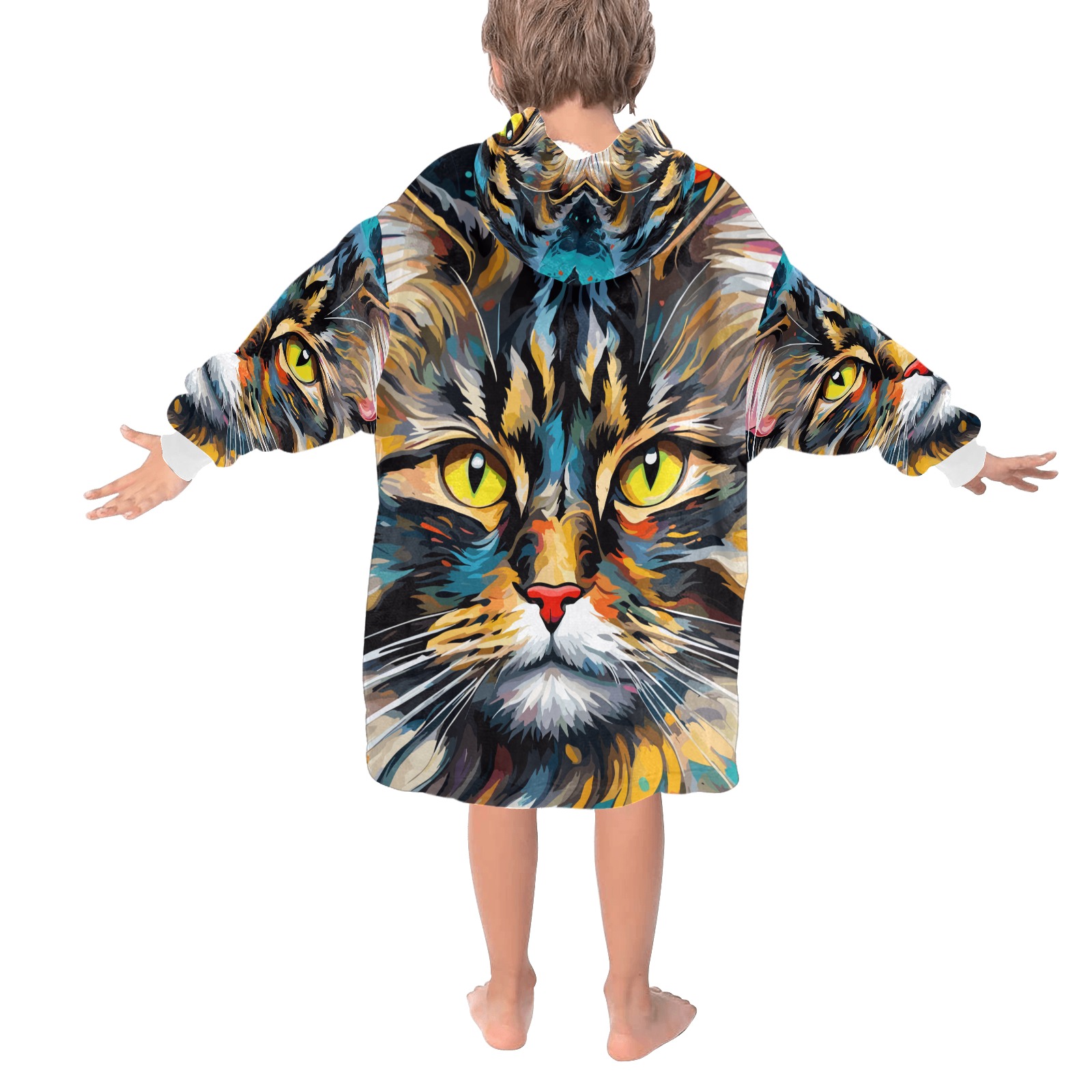 Beautiful Norwegian forest cat colorful face art. Blanket Hoodie for Kids