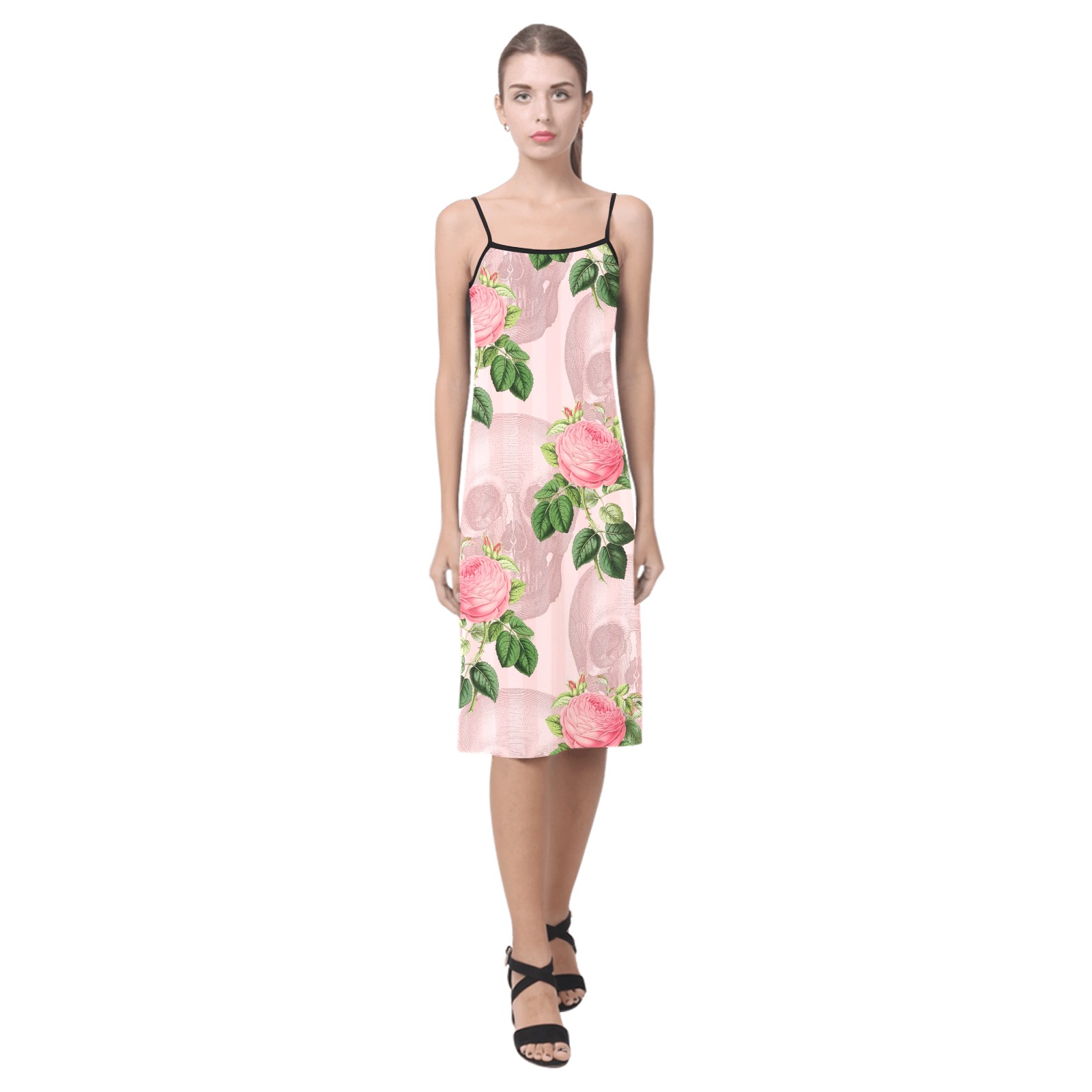 Pink Floral Skull Spaghetti Strap Dress Alcestis Slip Dress (Model D05)