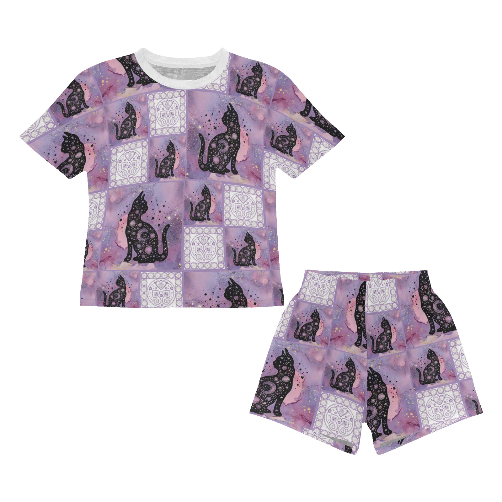 Purple Cosmic Cats Patchwork Pattern Little Girls' Short Pajama Set