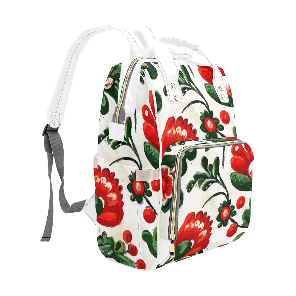 folklore motifs red flowers bag Multi-Function Diaper Backpack/Diaper Bag (Model 1688)